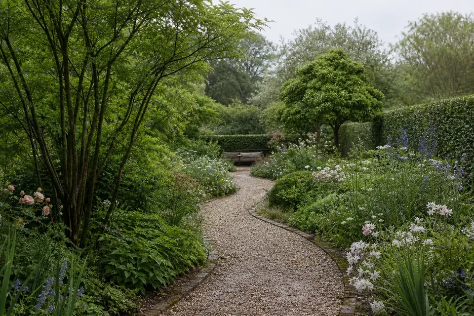 Een ontworpen tuin met een slingerend grindpad, meerstammige bomen en gelaagde borders.